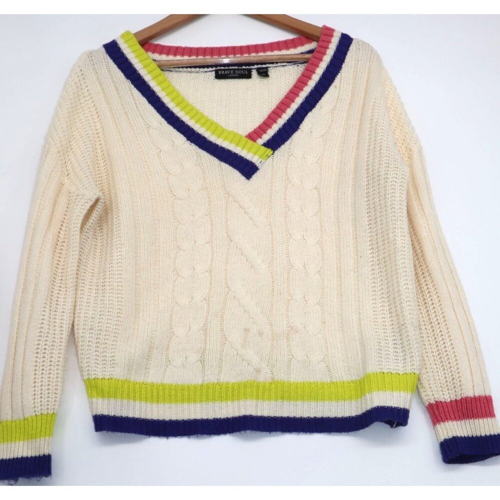 Y2K Vintage Brave Soul London Womens Cable Knit V-Neck Sweater Sz S Preppy